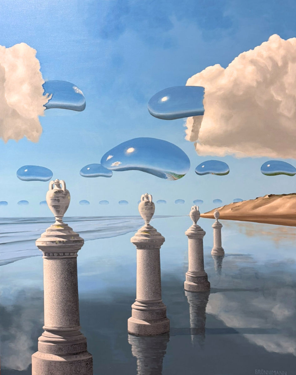 Large-scale surrealist painting of a coastal landscape with cemetery monuments along the shoreline and towering, otherworldly forms in a dramatic sky, by André Brönnimann