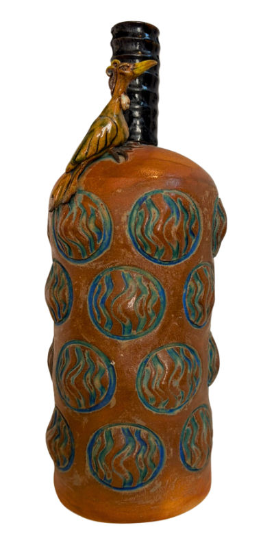 Handbuilt ceramic bird bottle with textured surface and perched bird detail by Bill Hayes