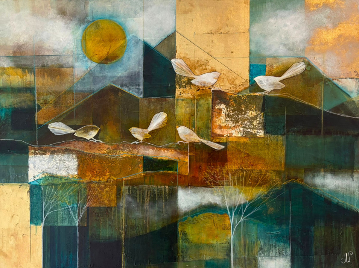 Julie Whyman’s Whispers of Aotearoa, featuring five delicate piwakawaka against a layered abstract landscape of geometric forms, textured surfaces and rich teal, ochre and earthy tones