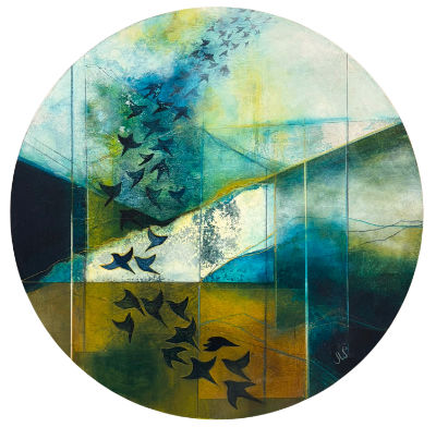 Julie Whyman’s Vanishing Horizons, a circular abstract painting featuring a sweeping flock of birds against layered geometric landscapes in rich turquoise, teal, ochre and golden tones