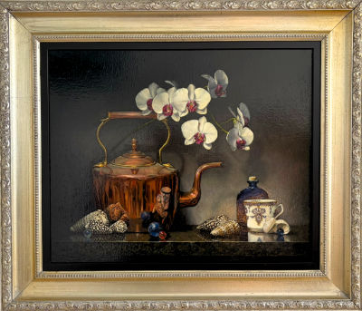 Oil painting of white orchids arranged above an antique brass kettle, porcelain cup, dark glass bottle, seashells and marbles by New Zealand artist Ken Hunt