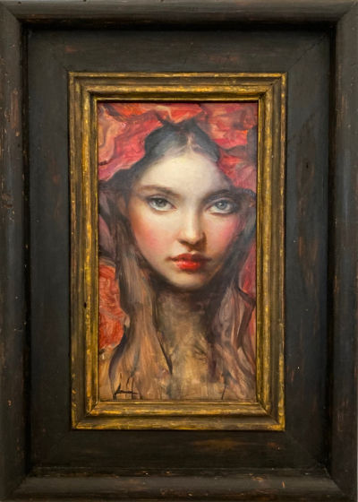 Atmospheric contemporary portrait of a woman framed by deep crimson tones with delicate realism and dreamlike expression, oil on board by New Zealand artist Luke Hollis