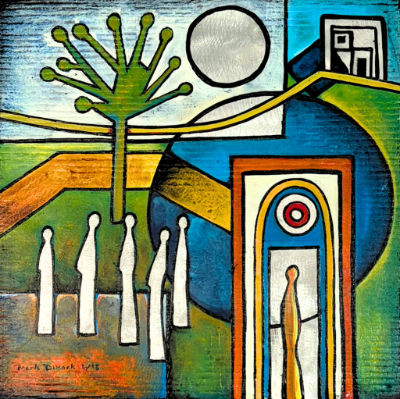 Mark Dimock’s Marama Pink, a colourful geometric painting featuring stylised white figures, a branching green tree and architectural forms in bold blues, greens, yellows and oranges