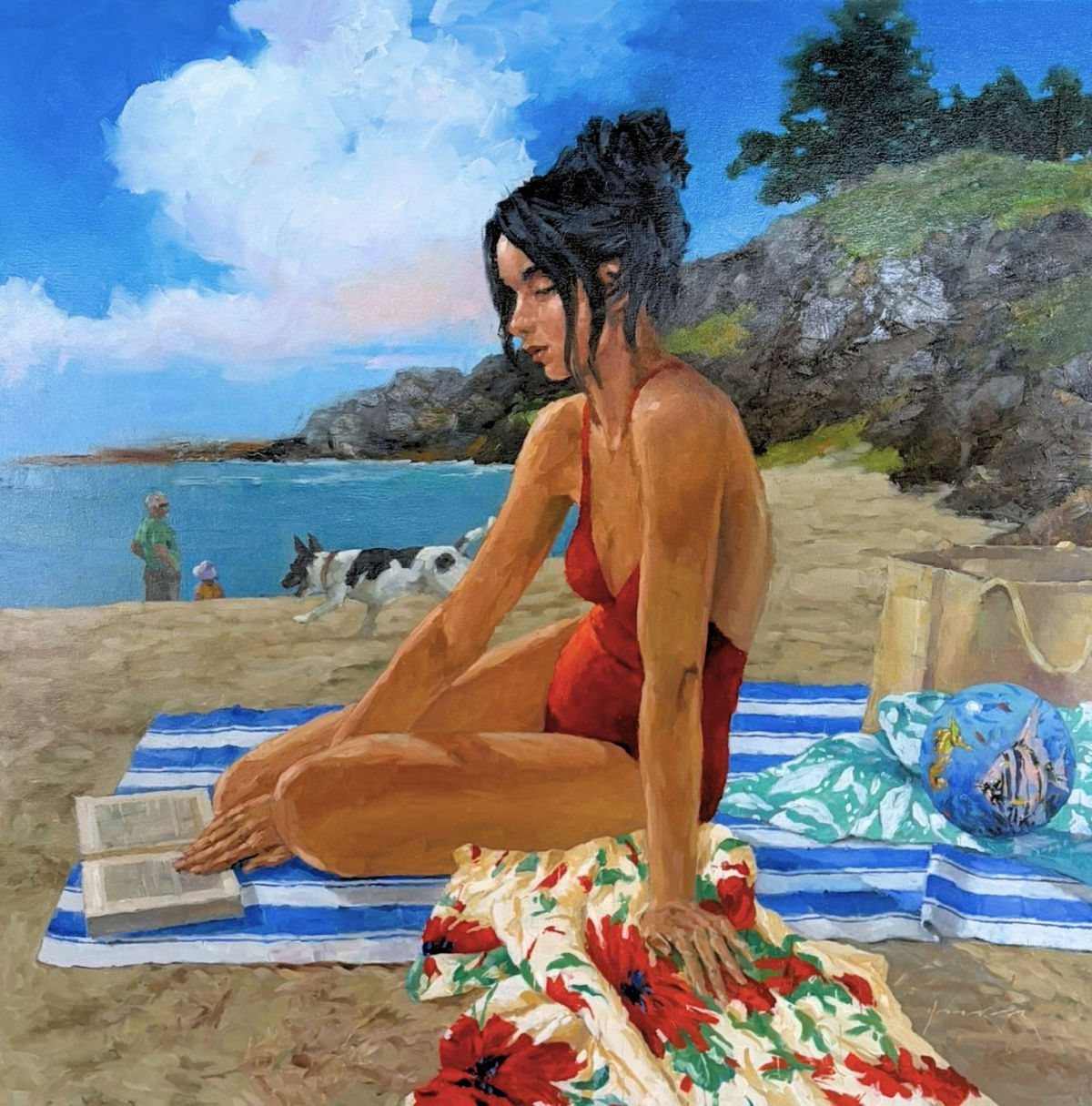 Paul Hooker’s Beachcombers, an oil painting of a woman in a red swimsuit sitting on a beach towel, with blue sea, rocky coastline, figures and a dog behind