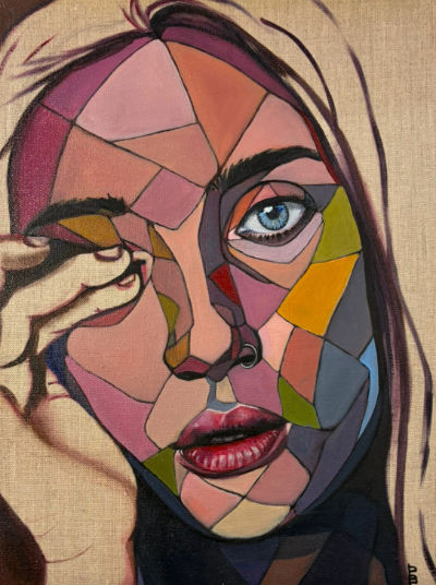 Contemporary portrait painting by Paula Brill depicting a contemplative female figure, blending naturalistic features with angular geometric forms and jewel-toned colour harmonies