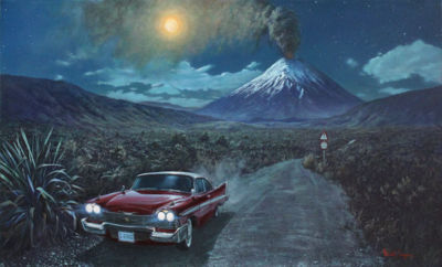 Surreal and atmospheric New Zealand landscape painting featuring a red 1958 Plymouth Fury beneath a moonlit volcanic eruption, cinematic contemporary artwork by Robert Campion
