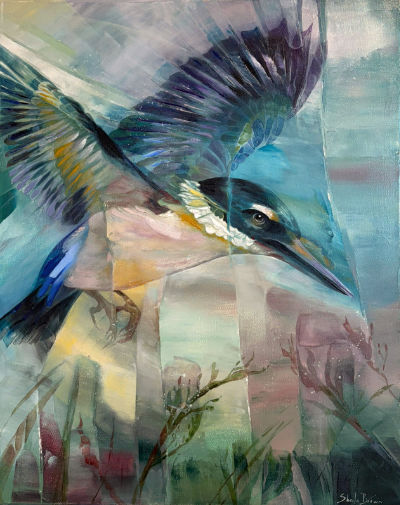 Sheila Brown, Coming to Land, Kingfisher, an expressive painting of a kingfisher with outstretched wings, created with layered brushstrokes in blue, turquoise, mauve and soft earthy tones