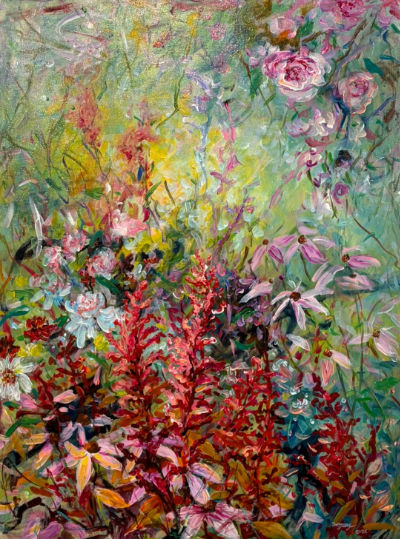 Zoe Feng’s Vitality, a vibrant floral oil painting filled with layered pink, red and purple flowers against a luminous green garden background