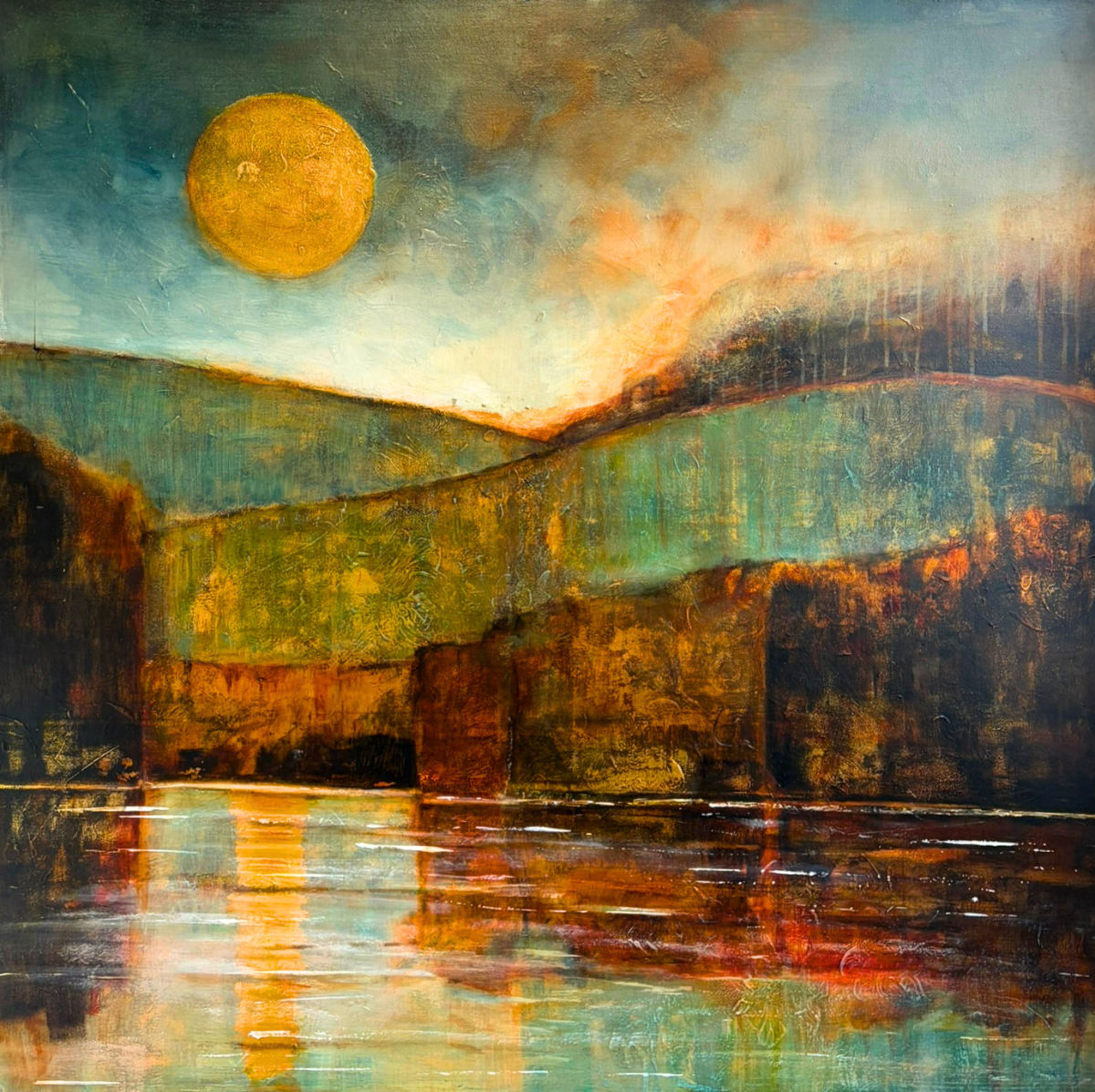 Lyndy Wilson’s Moonlight Bay, an atmospheric semi-abstract river landscape with a golden moon, layered hills and rich gold, teal and rust reflections across the water