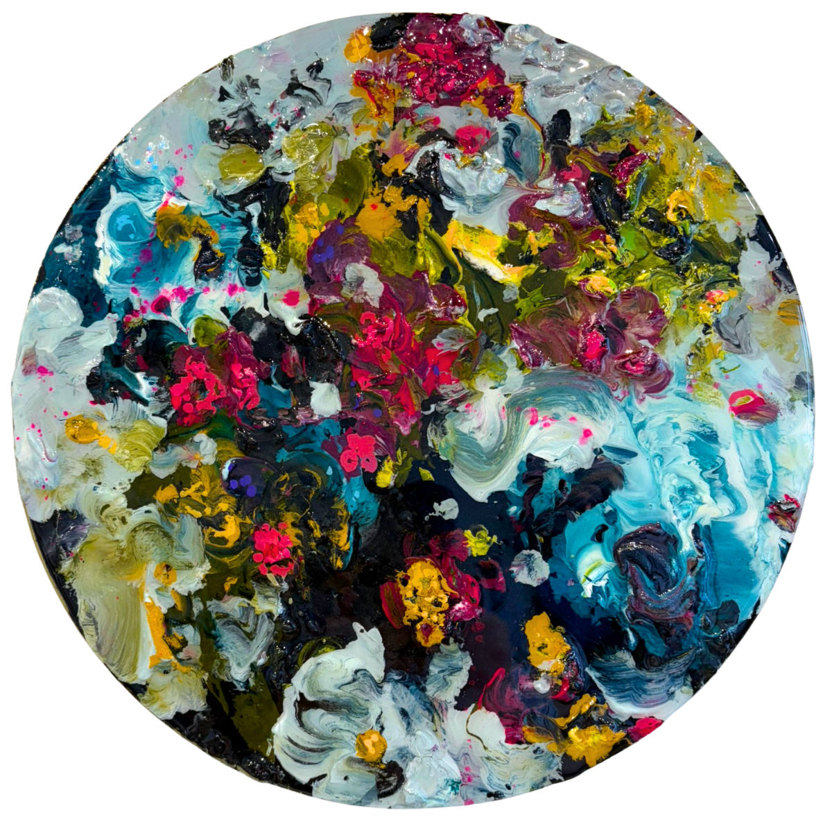 Mixed media painting by Lyndy Wilson on a round board, with densely layered abstract floral forms in vivid pink, turquoise, yellow, white and deep green, finished with resin