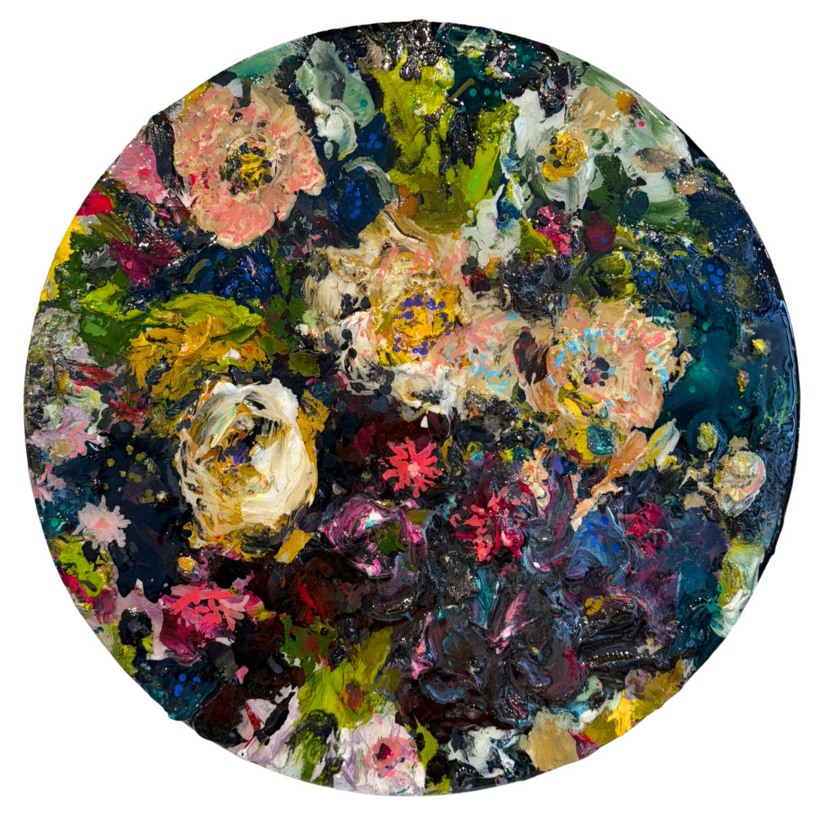 Mixed media painting by Lyndy Wilson on a round board, with layered abstract floral forms in pink, cream, white and green against a richly textured dark background, finished with resin