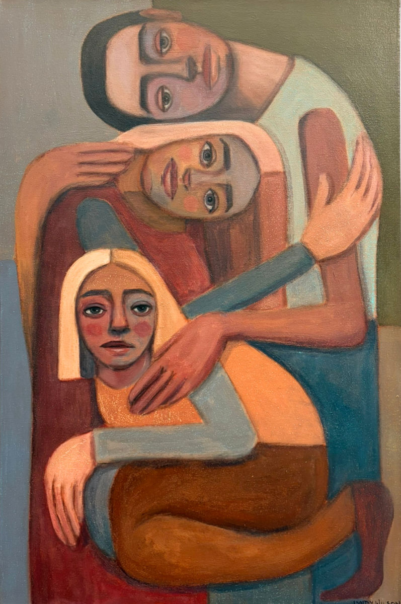 Acrylic painting of three closely grouped figures by Lyndy Wilson, with elongated forms, embracing arms and softly muted tones of terracotta, blue, green and cream