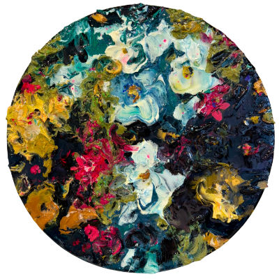 Mixed media painting by Lyndy Wilson on a round board, with densely layered abstract floral forms in white, pink, turquoise, ochre and deep green, finished with resin