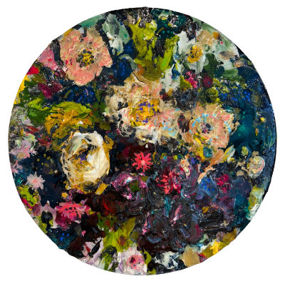 Mixed media painting by Lyndy Wilson on a round board, with layered abstract floral forms in pink, cream, white and green against a richly textured dark background, finished with resin