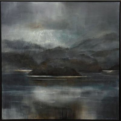 Acrylic painting of a moody riverscape by Lyndy Wilson, with dark hills beneath a clouded sky, shafts of light and muted reflections across still water