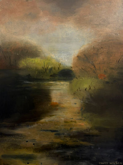 Acrylic painting of a softly atmospheric river landscape by Lyndy Wilson, with dark blue water, misty vegetation and pale light breaking through a muted blue and mauve sky