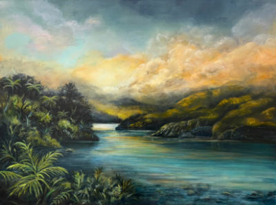 Mixed media painting of a tranquil river landscape by Lyndy Wilson, with turquoise water, lush native vegetation and distant hills beneath a glowing pink and golden dusk sky