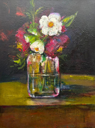 Oil painting of camellia flowers by Lyndy Wilson, with white and deep crimson blooms and green foliage arranged in a glass jar against a dark background