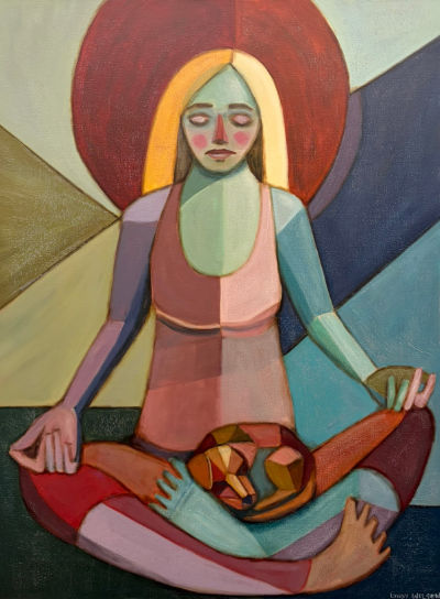 Mixed media painting of a seated female figure by Lyndy Wilson, with crossed legs, closed eyes and a curled dog resting on her lap, in muted pink, red, blue and green tones