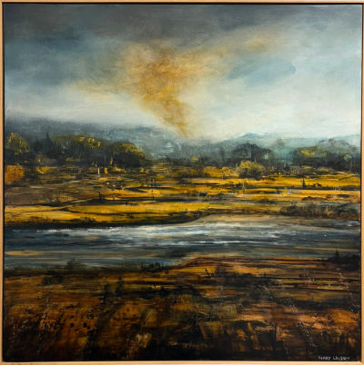 Mixed media painting of a river landscape by Lyndy Wilson, with golden riverbanks, reflective water and distant hills beneath a dramatic grey sky illuminated by warm evening light