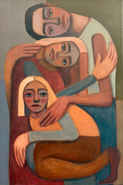 Acrylic painting of three closely grouped figures by Lyndy Wilson, with elongated forms, embracing arms and softly muted tones of terracotta, blue, green and cream