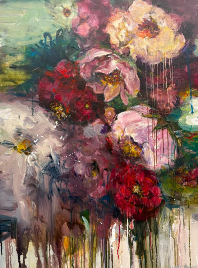 Acrylic floral painting by Lyndy Wilson, with layered pink, crimson and cream flowers emerging through expressive brushwork and cascading drips of colour
