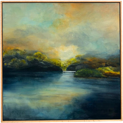 Acrylic painting of a tranquil river landscape by Lyndy Wilson, with deep blue water reflecting soft light, green riverbanks and a luminous turquoise and golden sky
