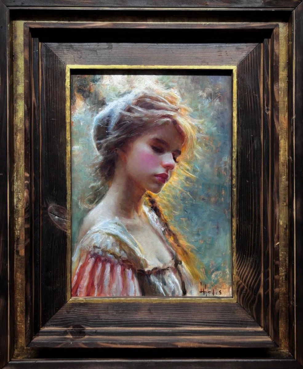 Oil painting of a young woman with softly gathered hair and a long braid, her head turned downwards, wearing a striped dress against a luminous blue-green background, by Luke Hollis