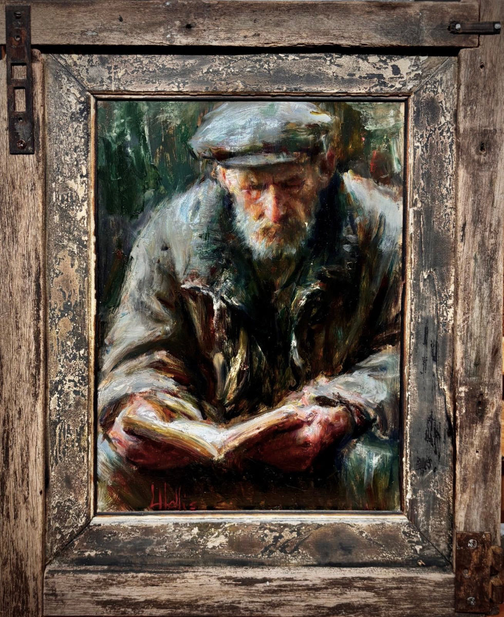 Oil painting of an older bearded man wearing a flat cap and coat, seated and reading an open book held in both hands, painted in earthy muted tones, by Luke Hollis