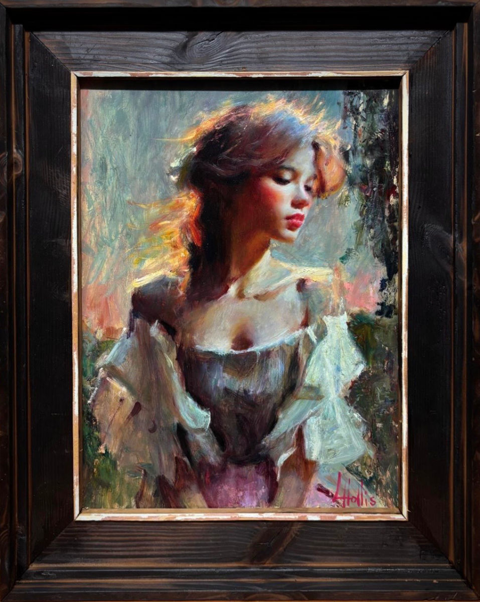 Oil painting of a young woman in a pale off-the-shoulder dress, her face turned downwards, with warm light catching her hair against a softly painted background, by Luke Hollis