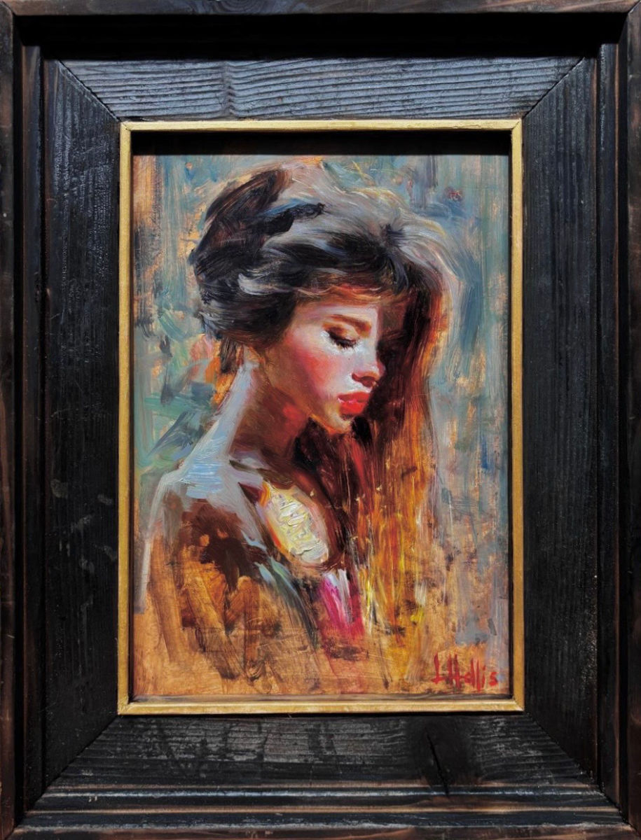 Oil painting of a young woman with long dark hair, her head turned downwards, with warm golden light across her face and hair against a loosely painted background, by Luke Hollis