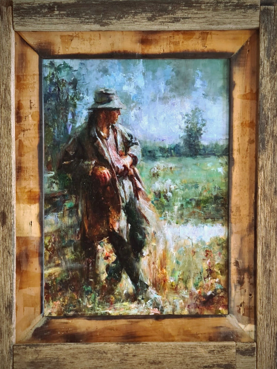 Oil painting of a man wearing a brimmed hat and long coat, standing with a rifle beside a river or wetland amid loosely painted grasses and trees, by Luke Hollis