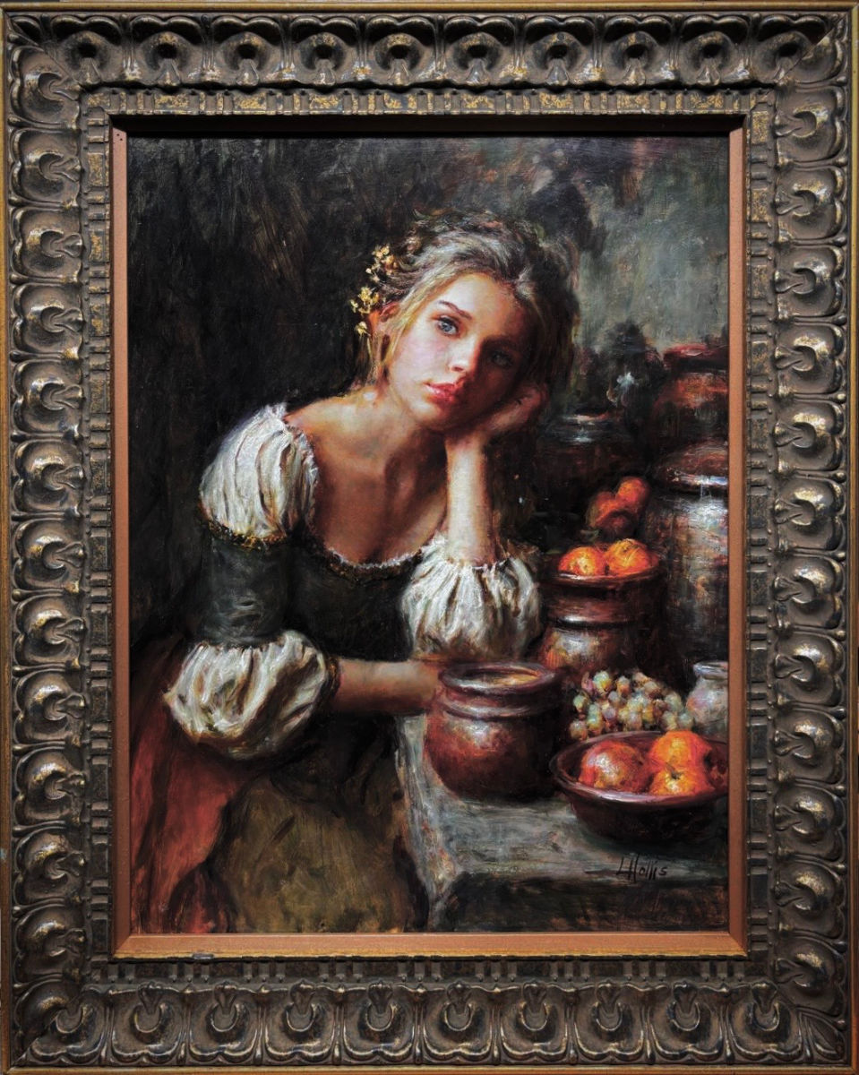 Oil painting of a young woman resting her head on one hand beside a table of pottery, fruit and grapes, wearing a dark bodice with pale gathered sleeves, by Luke Hollis