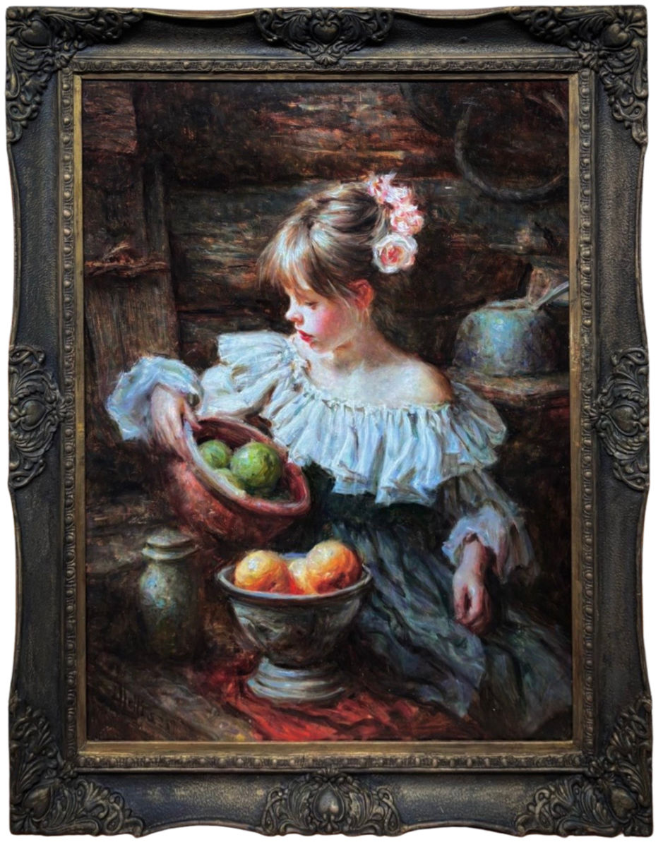Oil painting of a young woman with flowers in her hair, wearing a pale ruffled off-the-shoulder dress and holding a bowl of green fruit beside pottery and oranges, by Luke Hollis