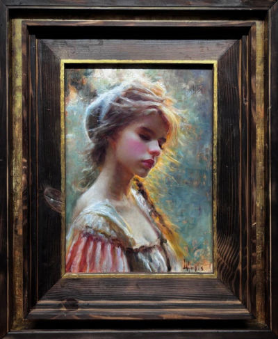 Oil painting of a young woman with softly gathered hair and a long braid, her head turned downwards, wearing a striped dress against a luminous blue-green background, by Luke Hollis