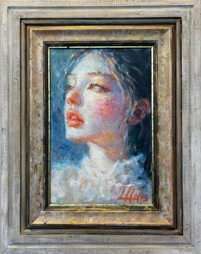 Oil painting portrait of a young woman with dark hair, her face turned upwards and illuminated in pale blue, pink and warm orange tones against a deep blue background, by Luke Hollis