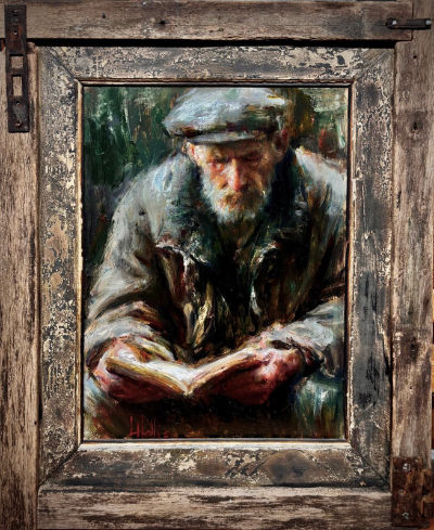 Oil painting of an older bearded man wearing a flat cap and coat, seated and reading an open book held in both hands, painted in earthy muted tones, by Luke Hollis