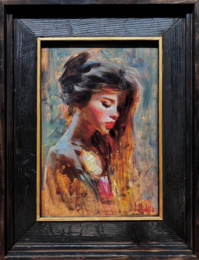 Oil painting of a young woman with long dark hair, her head turned downwards, with warm golden light across her face and hair against a loosely painted background, by Luke Hollis