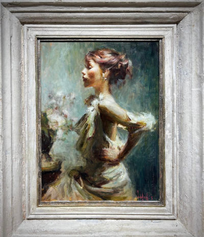 Oil painting of a young woman in profile with her hair pinned up, wearing a white dress and holding pale flowers against a softly painted blue-green background, by Luke Hollis