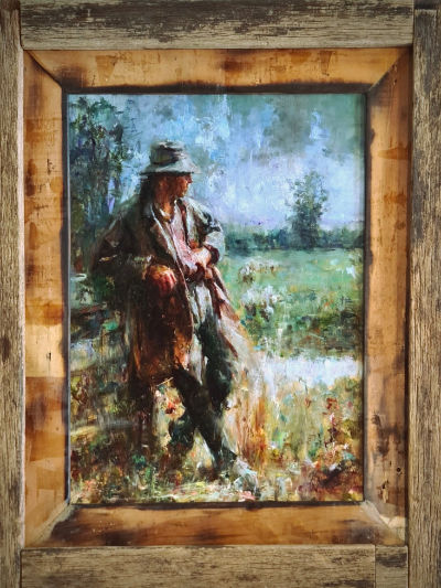 Oil painting of a man wearing a brimmed hat and long coat, standing with a rifle beside a river or wetland amid loosely painted grasses and trees, by Luke Hollis