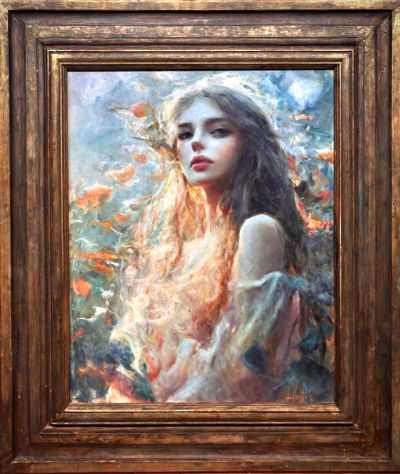 Oil painting of a young woman with long dark hair and a pale off-the-shoulder dress, surrounded by softly painted orange flowers and luminous blue-green tones, by Luke Hollis