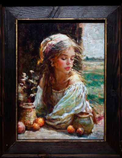Oil painting of a young woman with long brown hair wearing a pale loose-sleeved dress, seated at a table with fruit, pottery and flowers beside an open window, by Luke Hollis