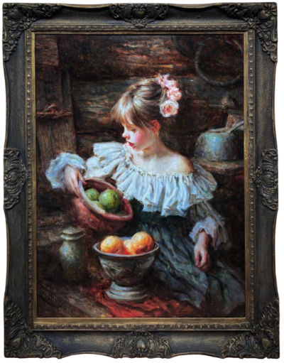 Oil painting of a young woman with flowers in her hair, wearing a pale ruffled off-the-shoulder dress and holding a bowl of green fruit beside pottery and oranges, by Luke Hollis