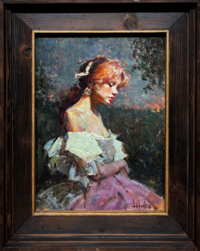 Oil painting of a young woman with auburn hair wearing a pale off-the-shoulder blouse and pink skirt, seated outdoors against a dark landscape and blue-grey sky, by Luke Hollis